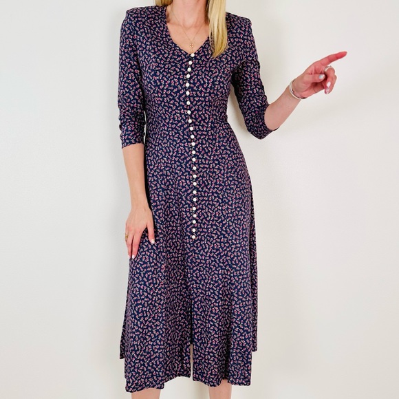 Vintage Paris Sport Club Dress Pearl Buttons Front Padded Shoulders Floral Boho - Picture 4 of 12